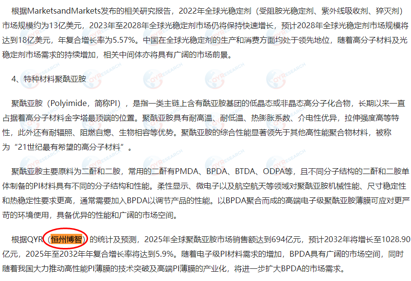 河北彩客新材料科技股份有限公司引用了恒州博智出版的聚酰亚胺市场报告