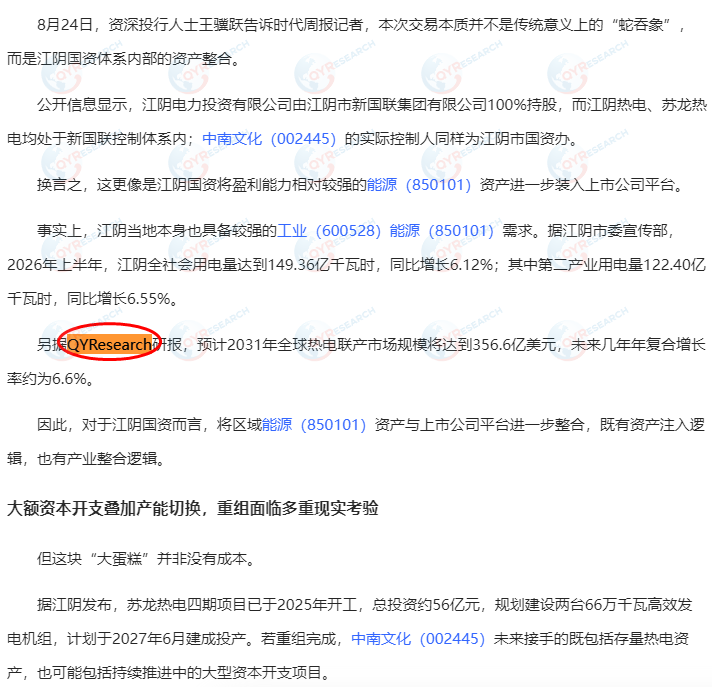 中南红文化集团股份有限公司引用了QYResearch出版的热电联产市场报告